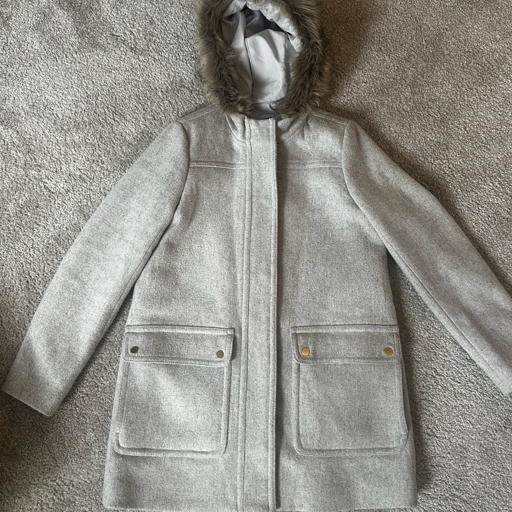 JCrew Gray Hooded Coat with Faux Fur Trim